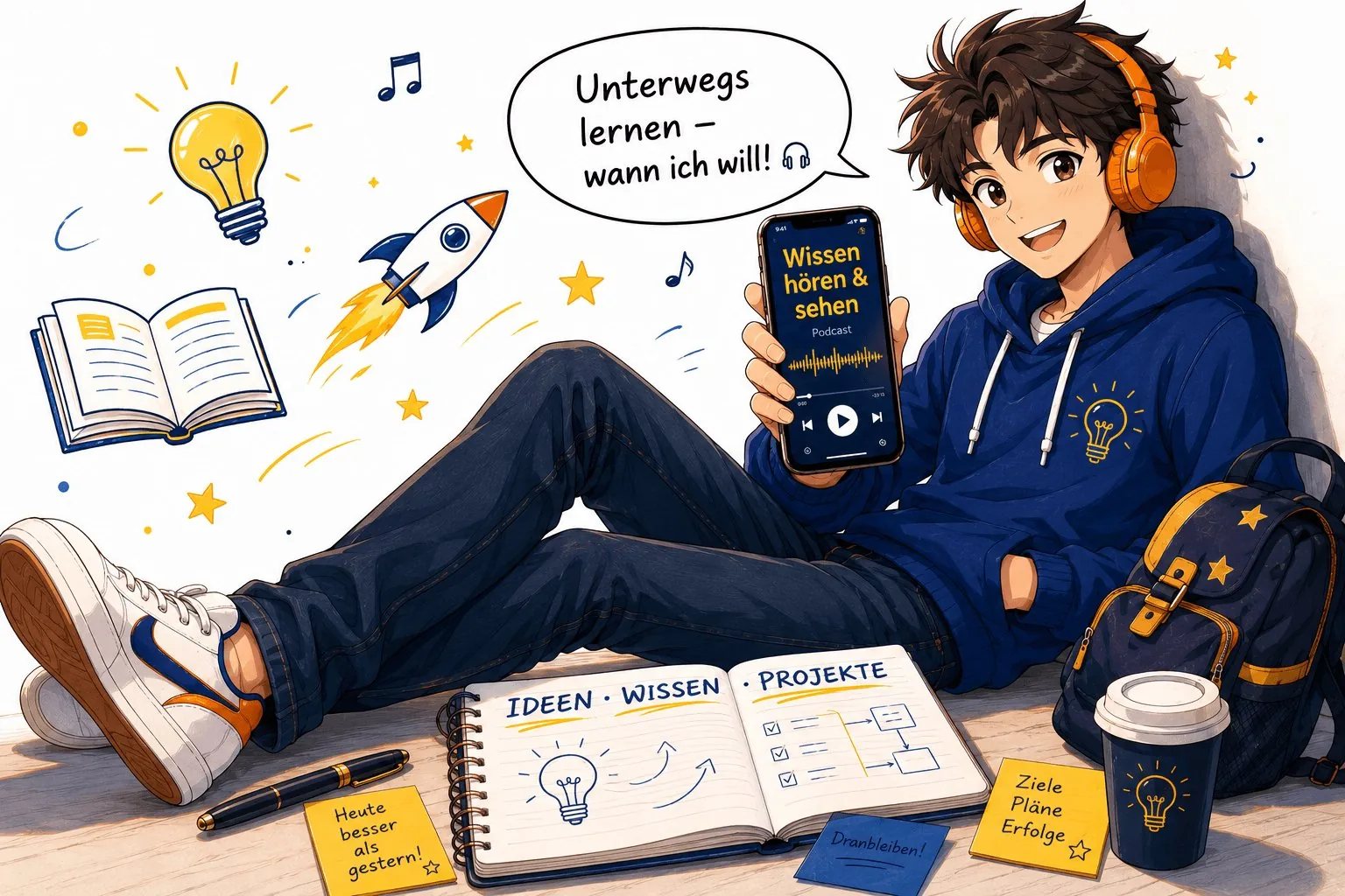 IWP Figur liegend mit Handy, Notizbuch Ideen Wissen Projekte, Sticky Notes